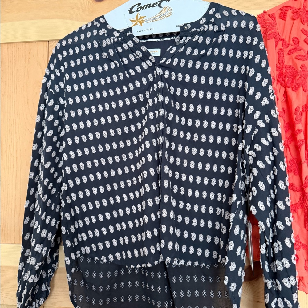 Anthropologie Navy and White Printed Long-Sleeve Blouse